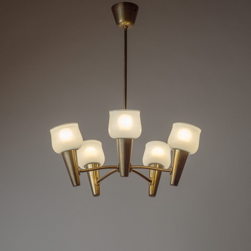 Böhlmarks Brass And Enameled Glass Chandelier, 1950s