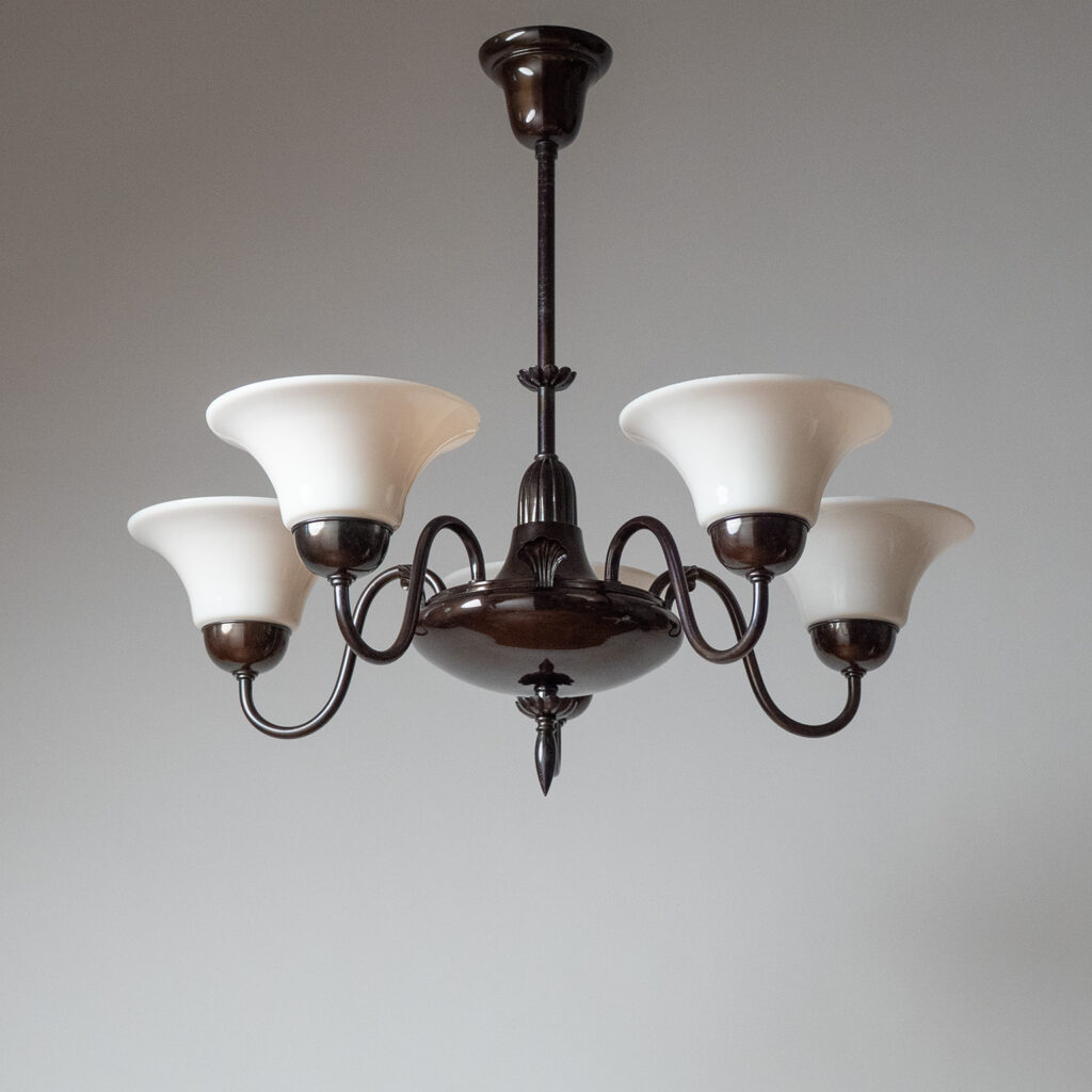Harald Notini Patinated Brass And Glass Chandelier, Böhlmarks 1929