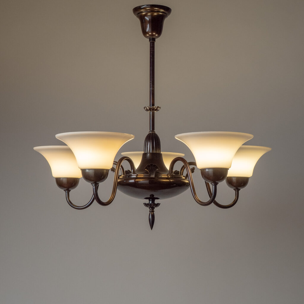 Harald Notini Patinated Brass And Glass Chandelier, Böhlmarks 1929