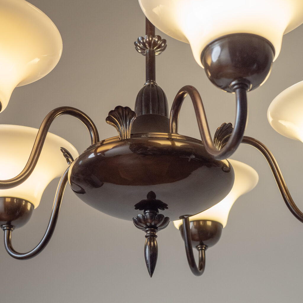 Harald Notini Patinated Brass And Glass Chandelier, Böhlmarks 1929