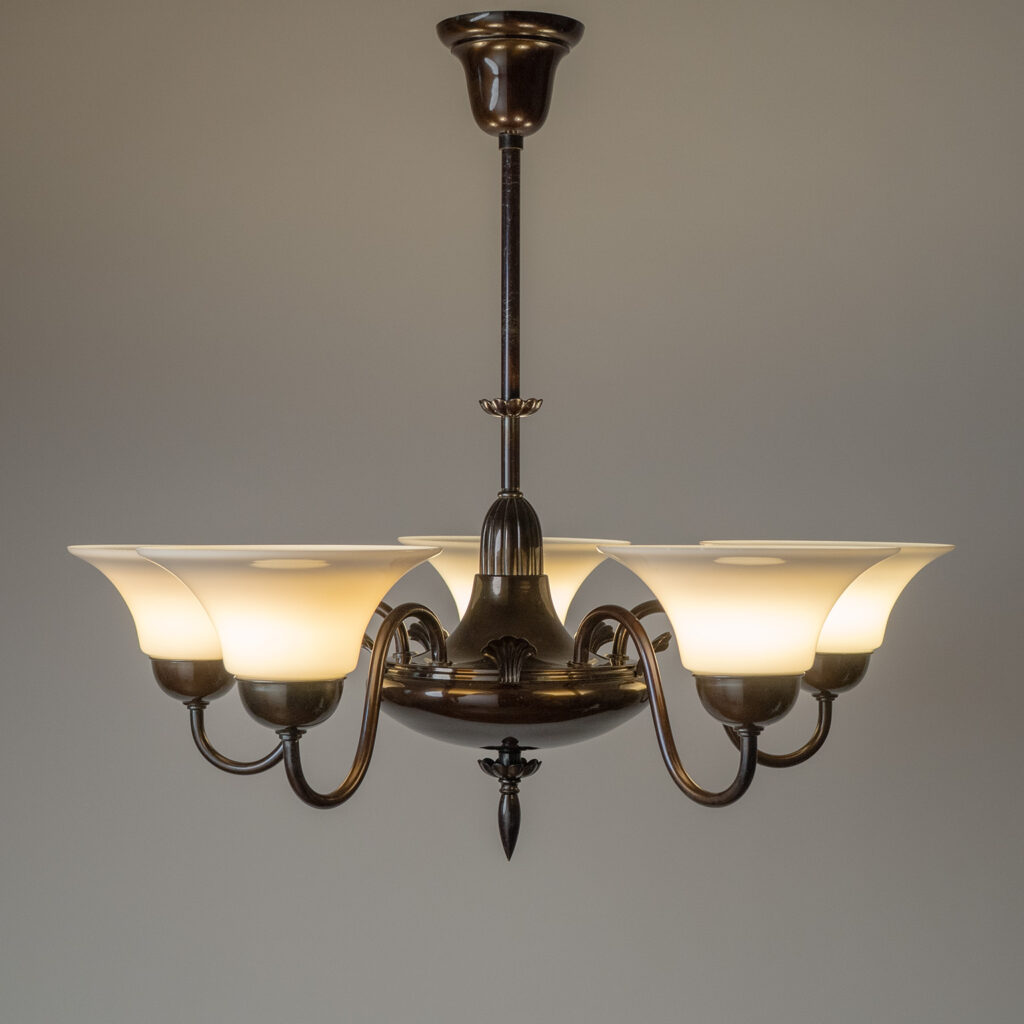 Harald Notini Patinated Brass And Glass Chandelier, Böhlmarks 1929