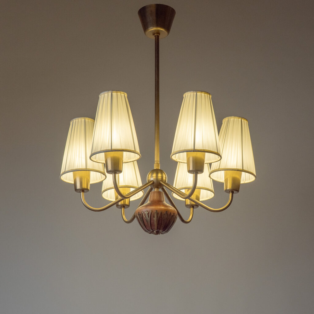 Brass And Wood Chandelier by ASEA, 1950s