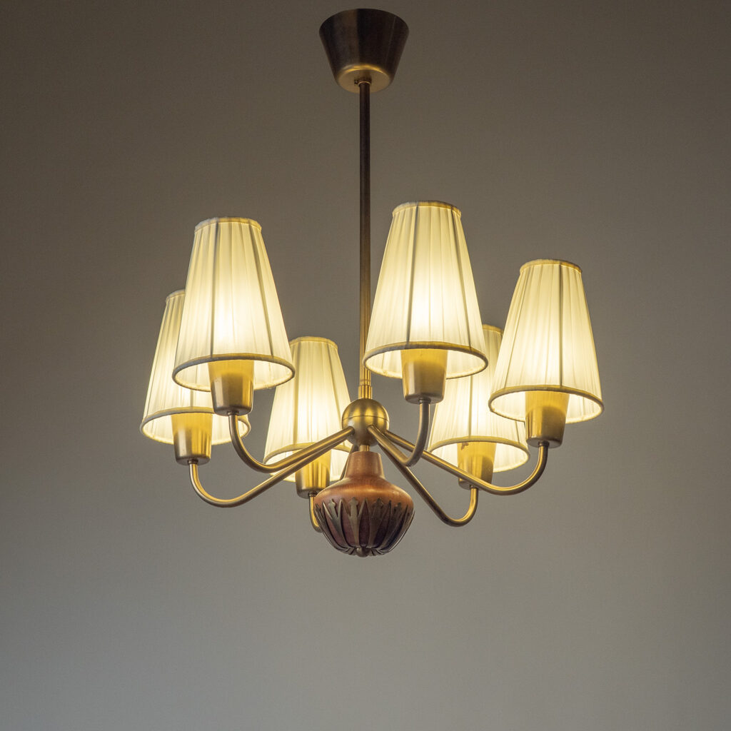 Brass And Wood Chandelier by ASEA, 1950s