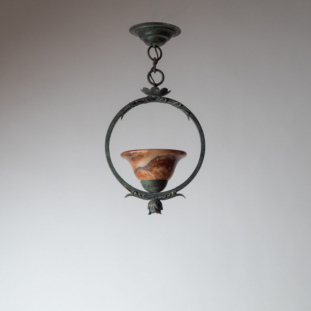 Swedish Patinated Iron And Alabaster Ceiling Light, 1930s