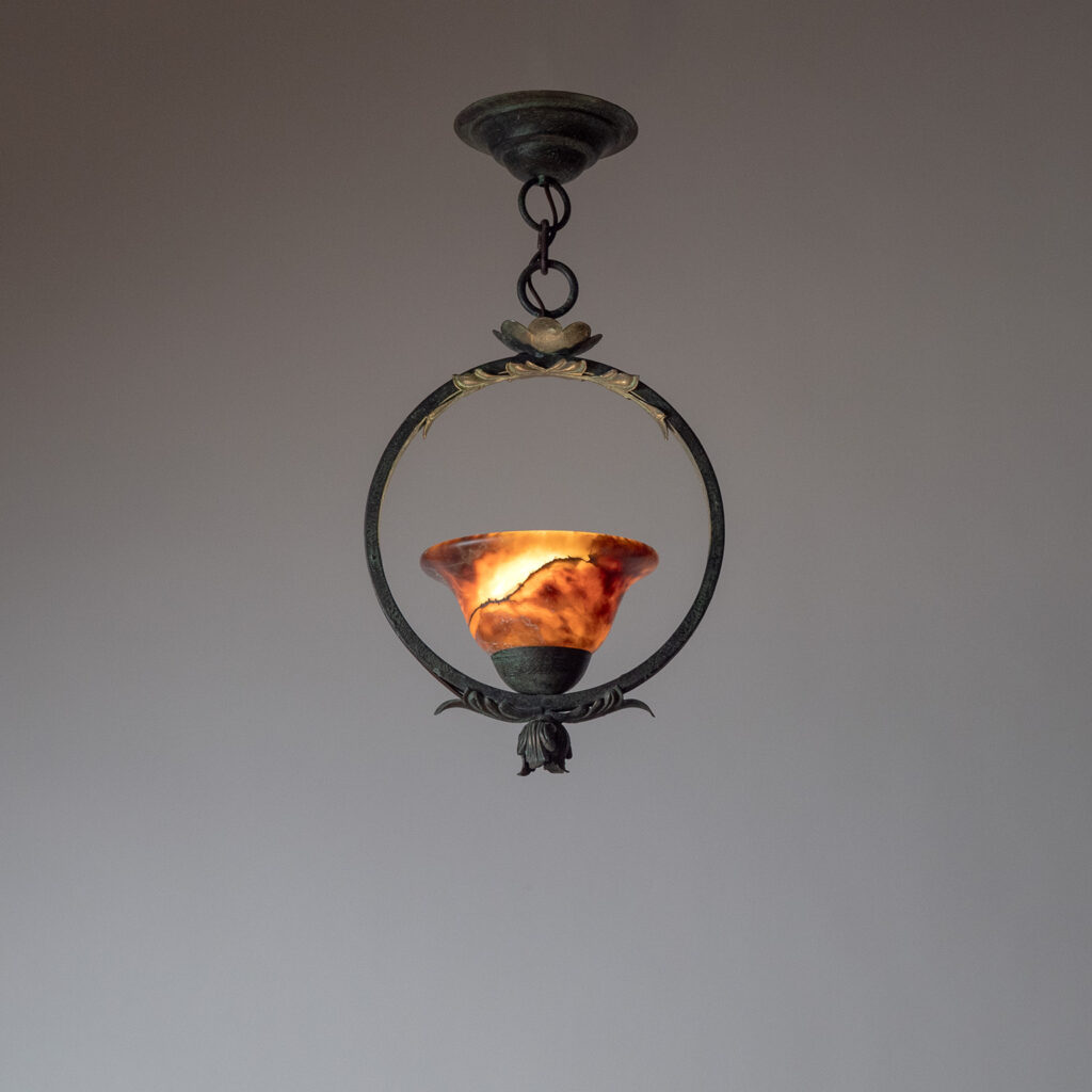 Swedish Patinated Iron And Alabaster Ceiling Light, 1930s