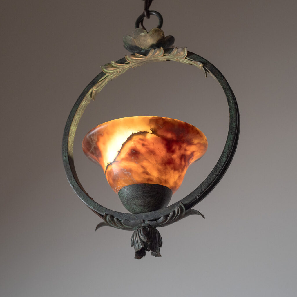 Swedish Patinated Iron And Alabaster Ceiling Light, 1930s