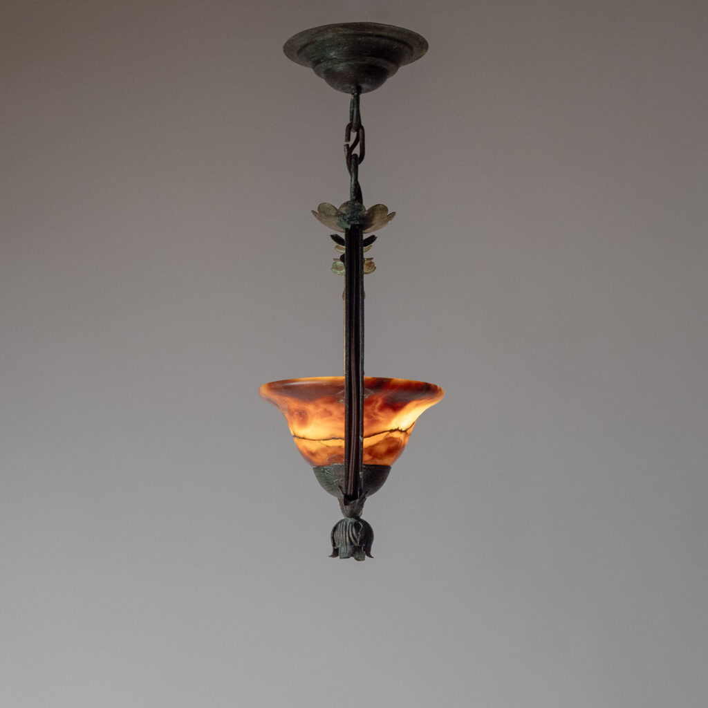 Swedish Patinated Iron And Alabaster Ceiling Light, 1930s