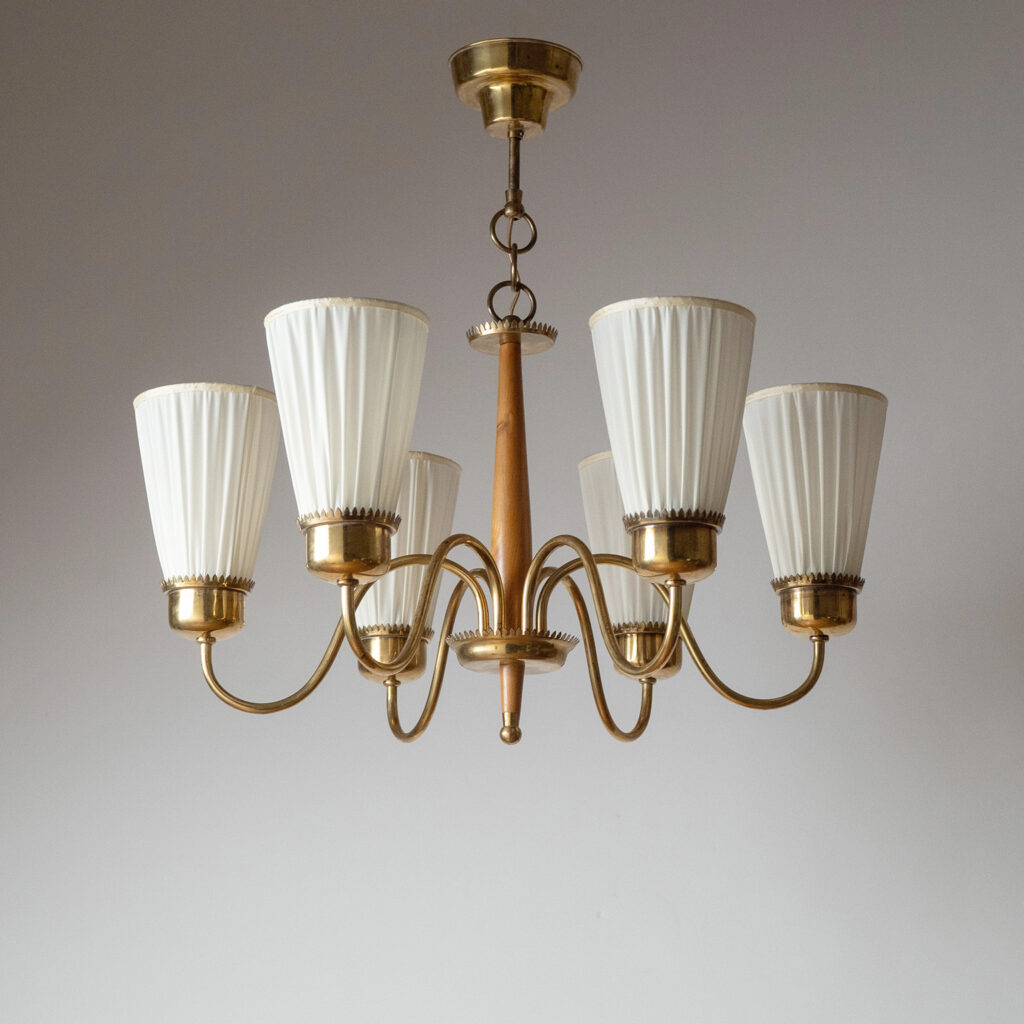 Swedish Brass And Wood Chandelier, circa 1950