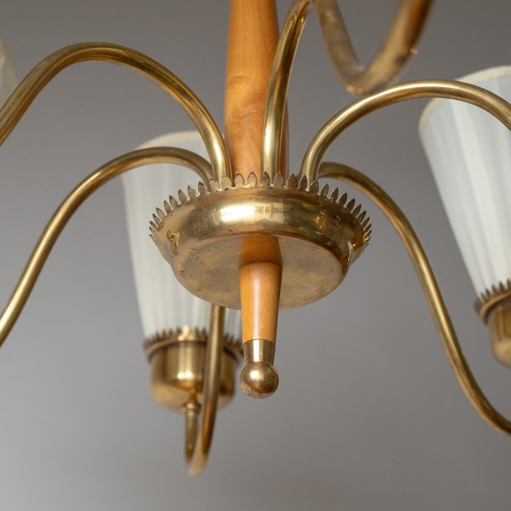 Swedish Brass And Wood Chandelier, circa 1950