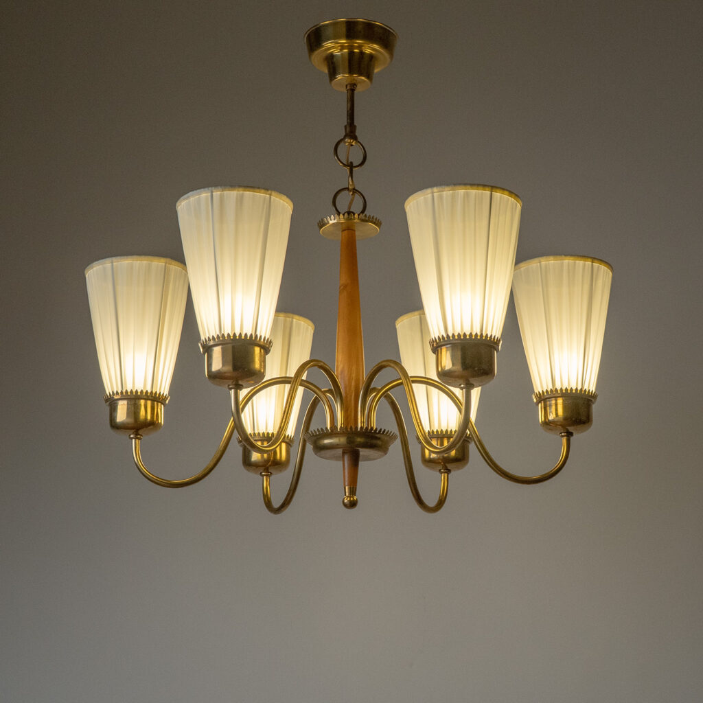 Swedish Brass And Wood Chandelier, circa 1950