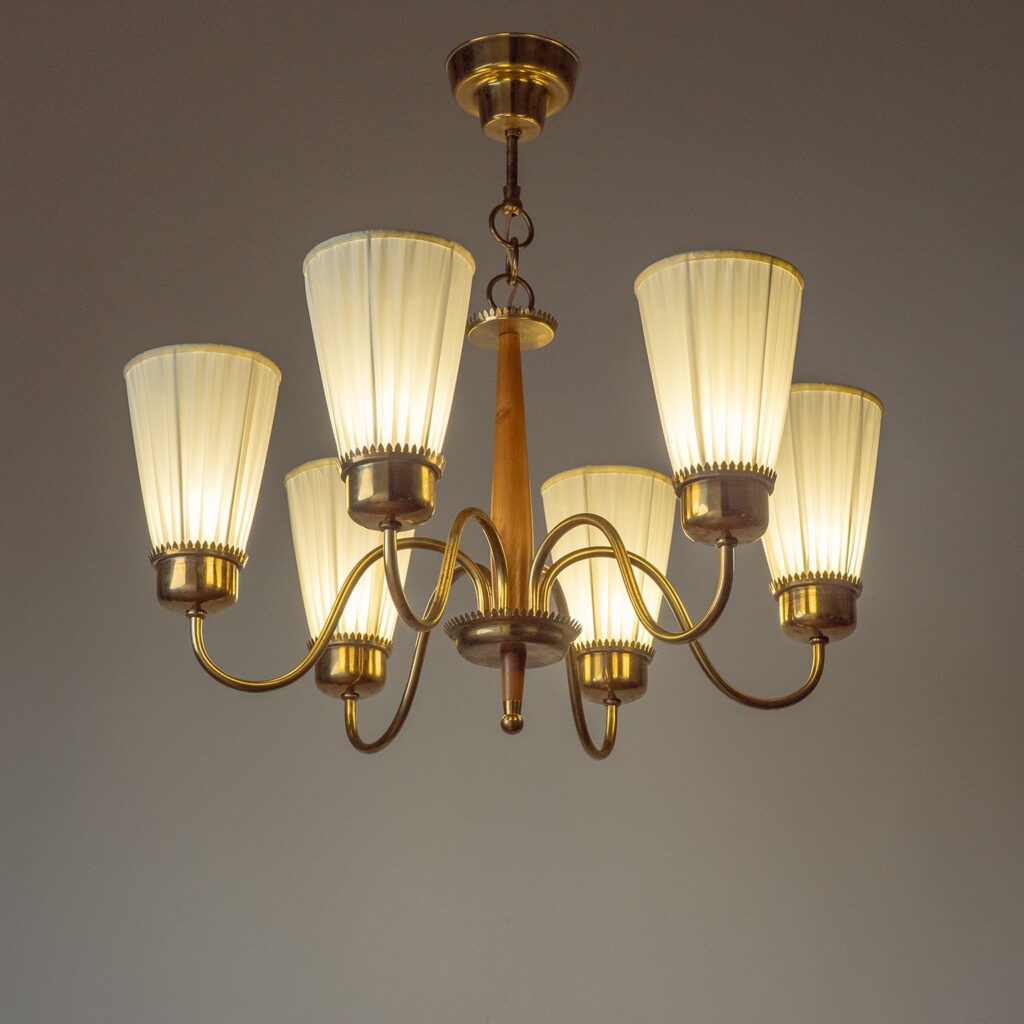 Swedish Brass And Wood Chandelier, circa 1950