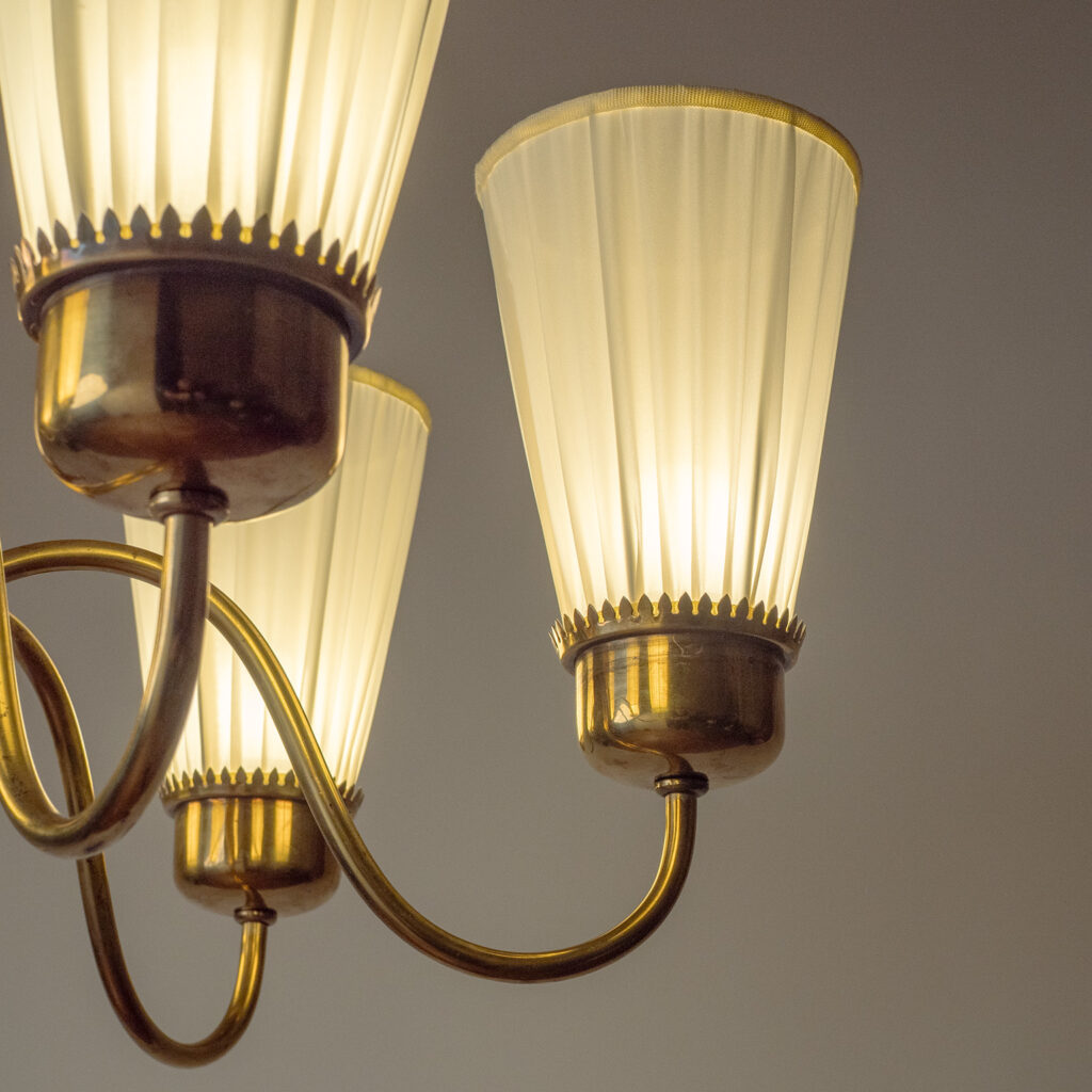 Swedish Brass And Wood Chandelier, circa 1950