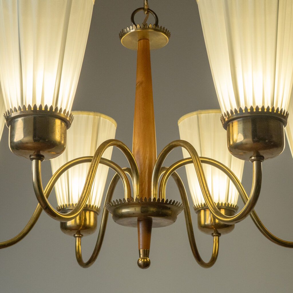 Swedish Brass And Wood Chandelier, circa 1950