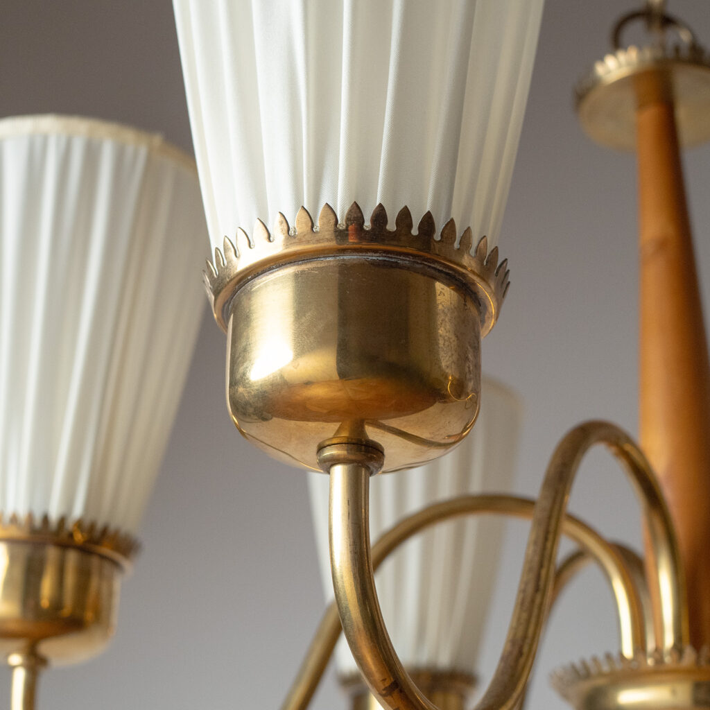 Swedish Brass And Wood Chandelier, circa 1950