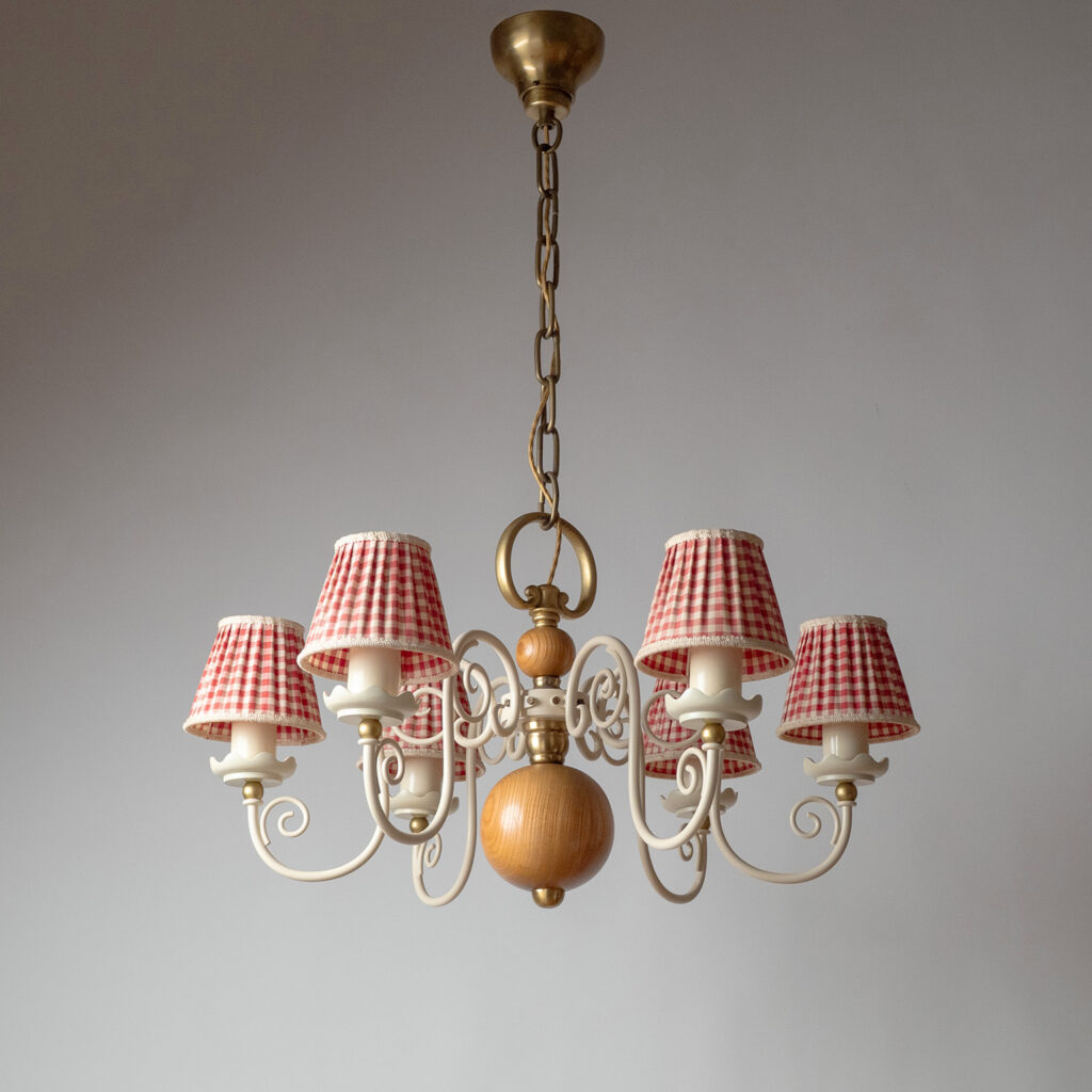 Swedish Painted Iron And Wood Chandelier, Bjerkås Armatur 1940s
