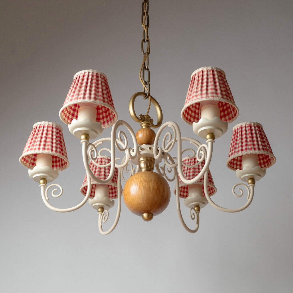 Swedish Painted Iron And Wood Chandelier, Bjerkås Armatur 1940s