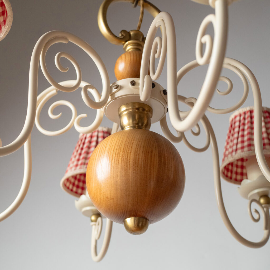 Swedish Painted Iron And Wood Chandelier, Bjerkås Armatur 1940s