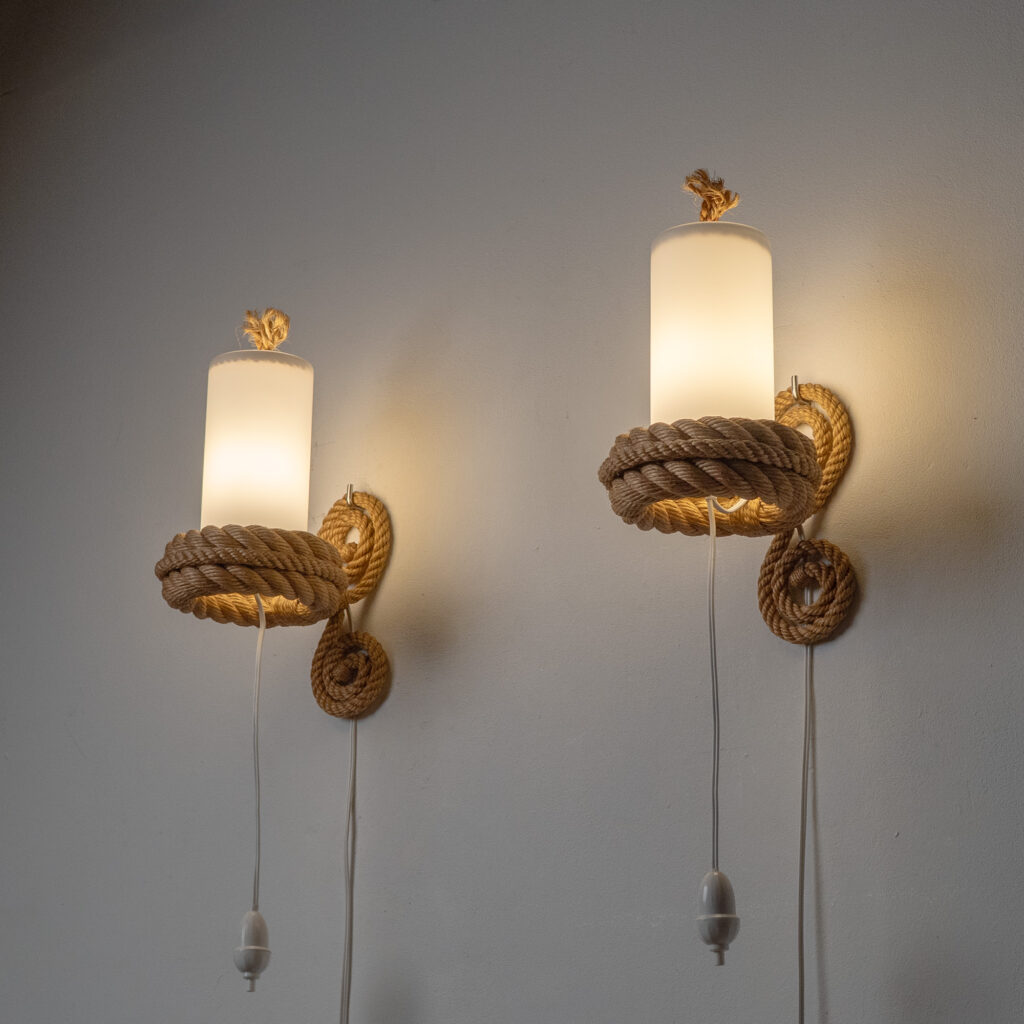 Audoux Minet Rope And Glass Wall Lights, circa 1960