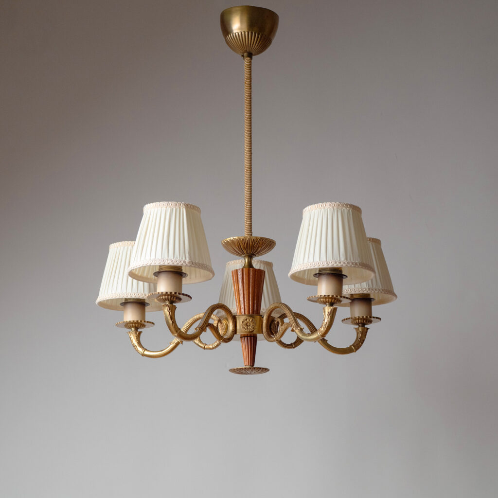 Swedish Brass And Wood Chandelier, circa 1940
