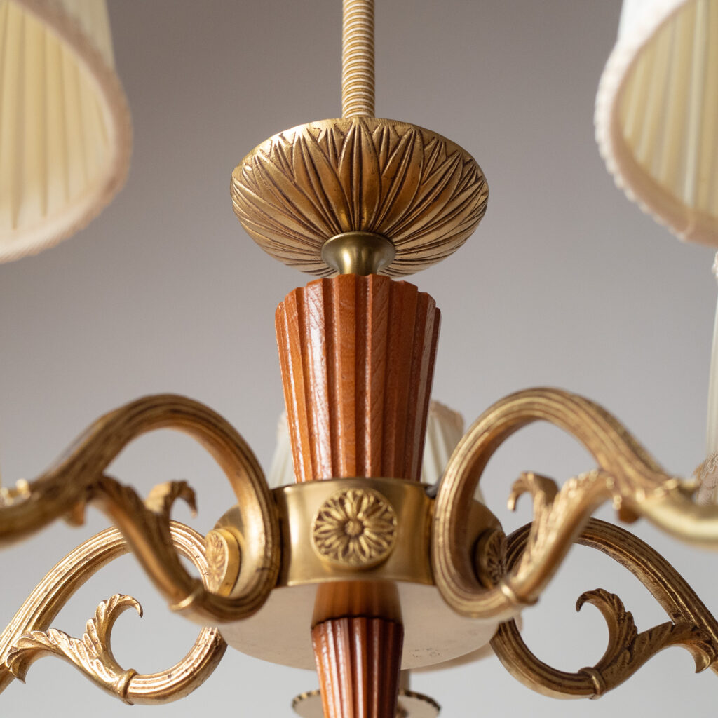 Swedish Brass And Wood Chandelier, circa 1940