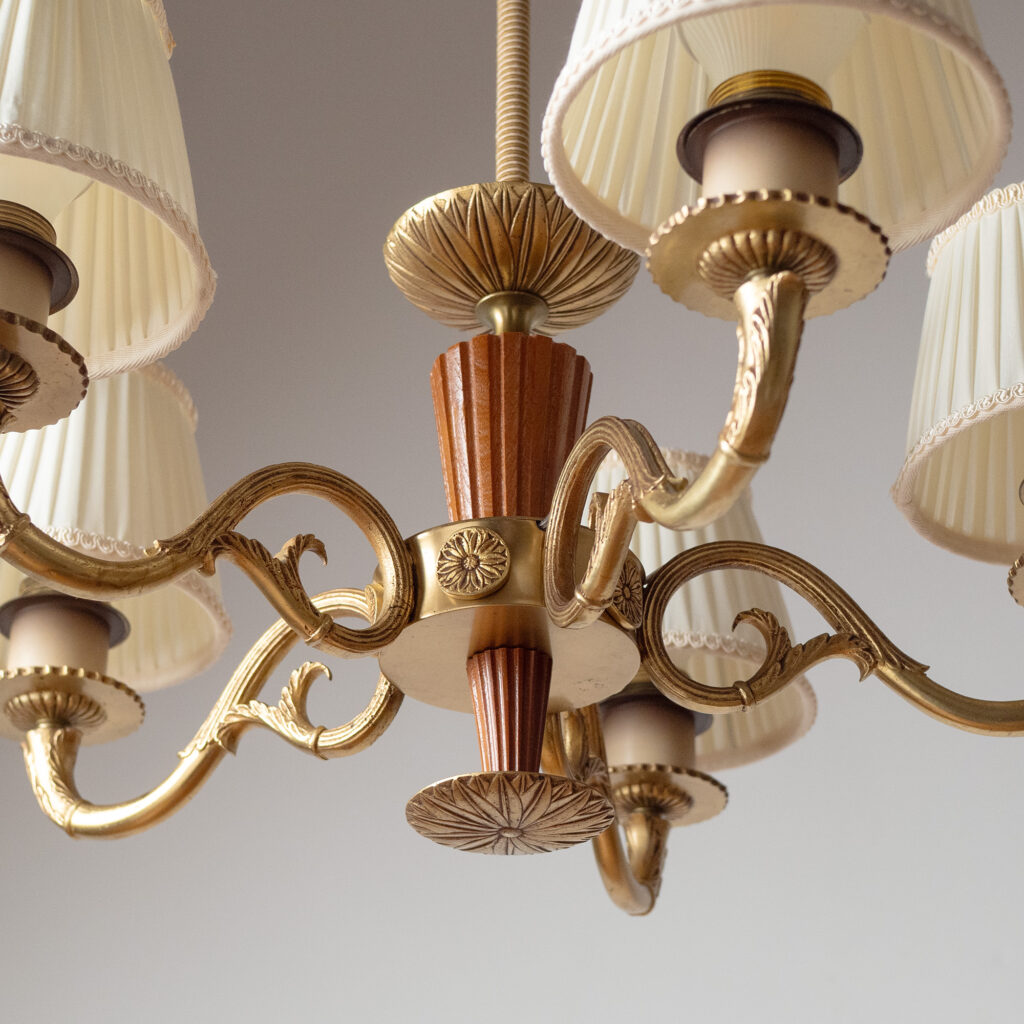 Swedish Brass And Wood Chandelier, circa 1940