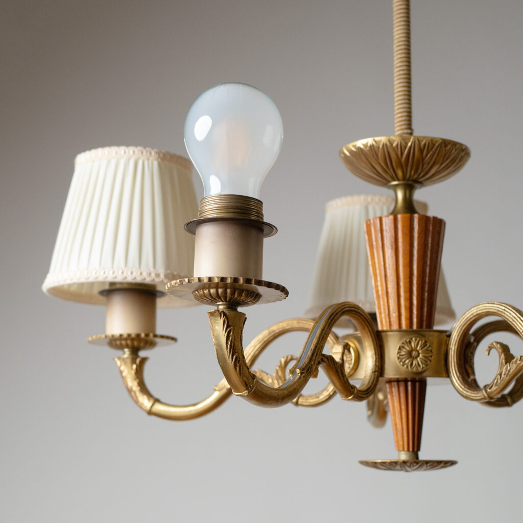 Swedish Brass And Wood Chandelier, circa 1940