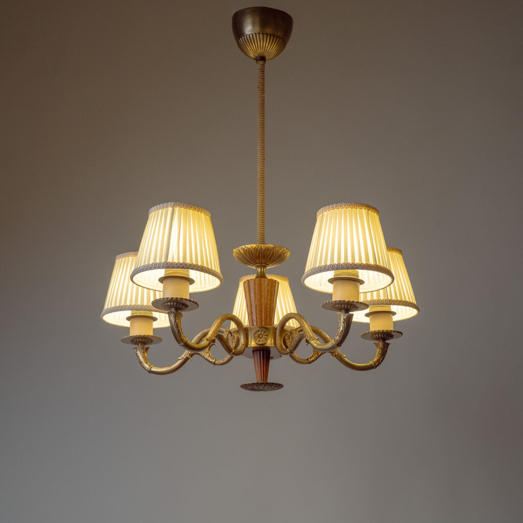 Swedish Brass And Wood Chandelier, circa 1940