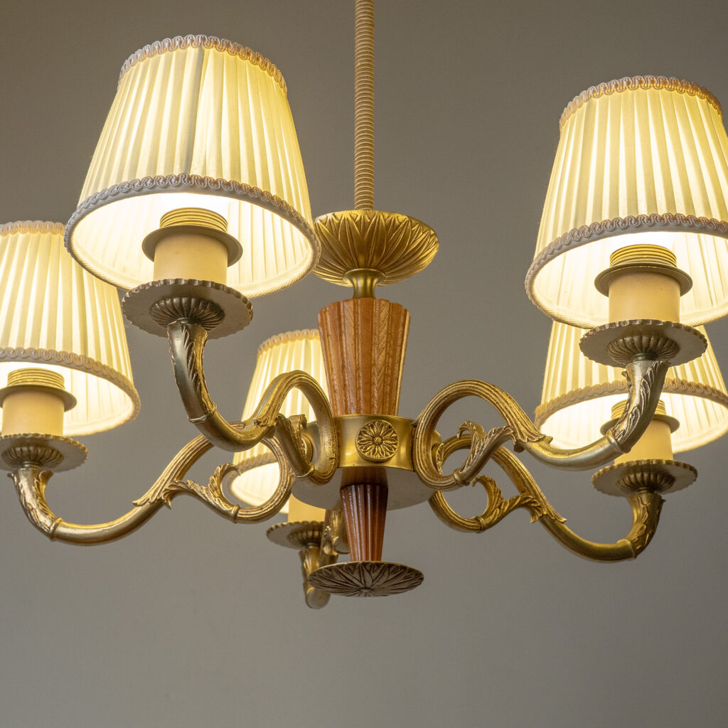 Swedish Brass And Wood Chandelier, circa 1940