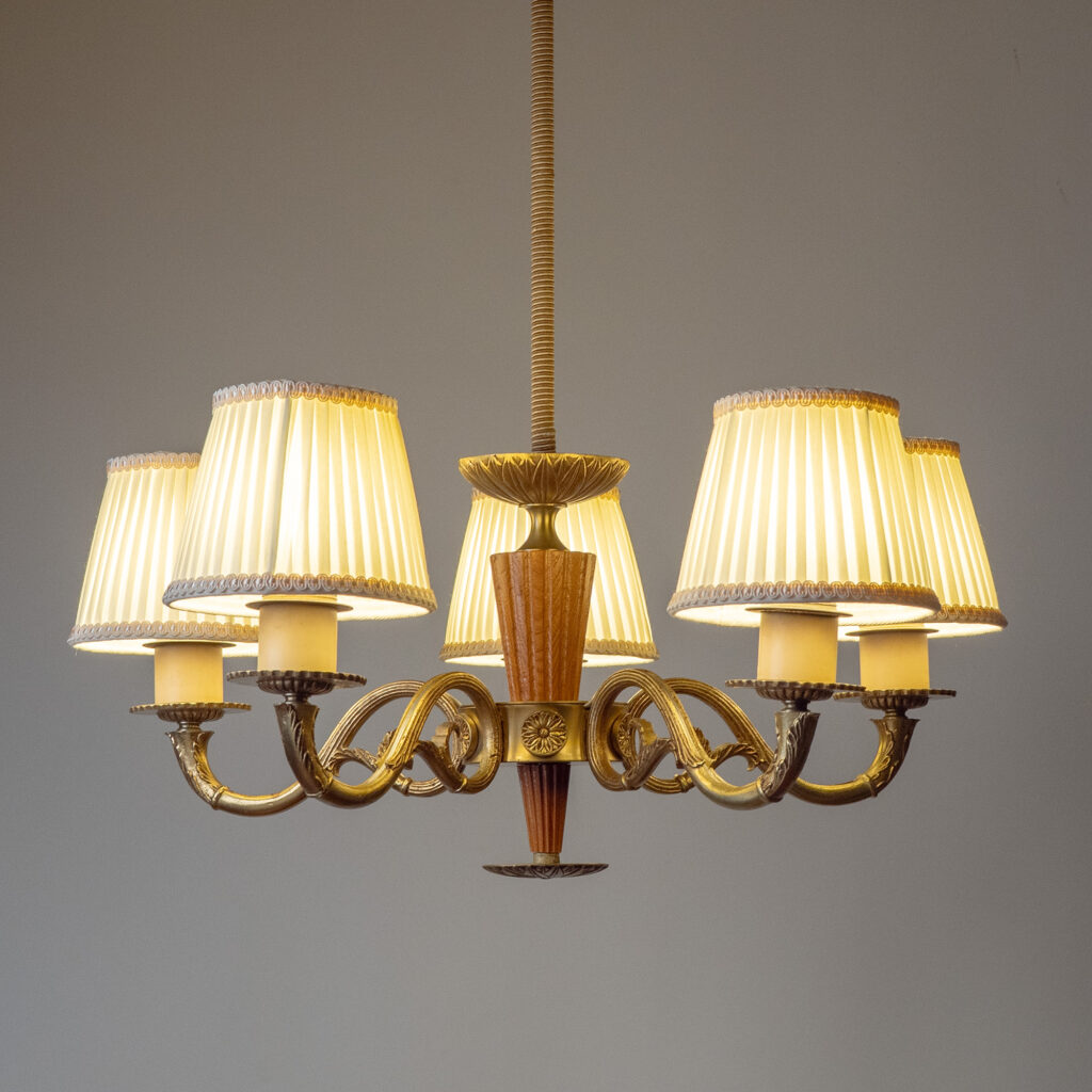 Swedish Brass And Wood Chandelier, circa 1940