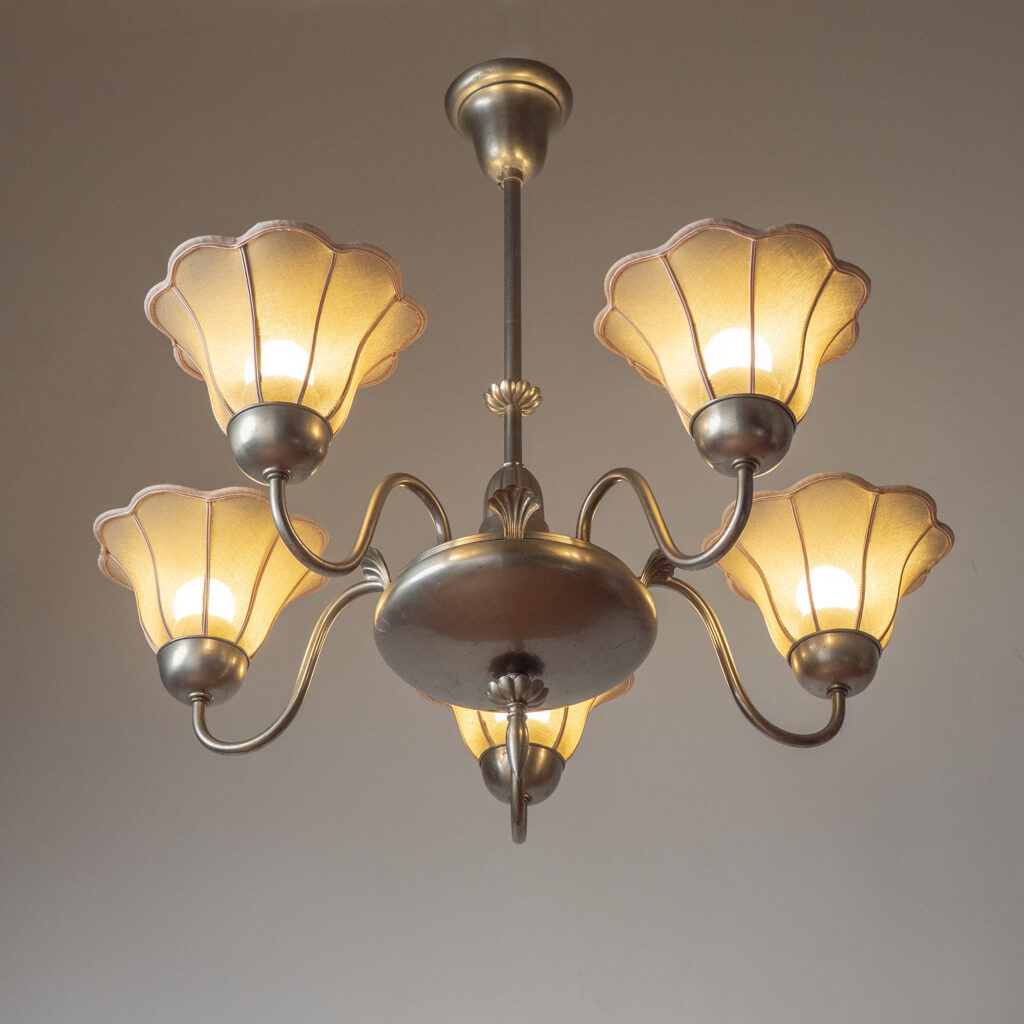 Harald Notini Nickel And Fabric Chandelier, Böhlmarks 1929
