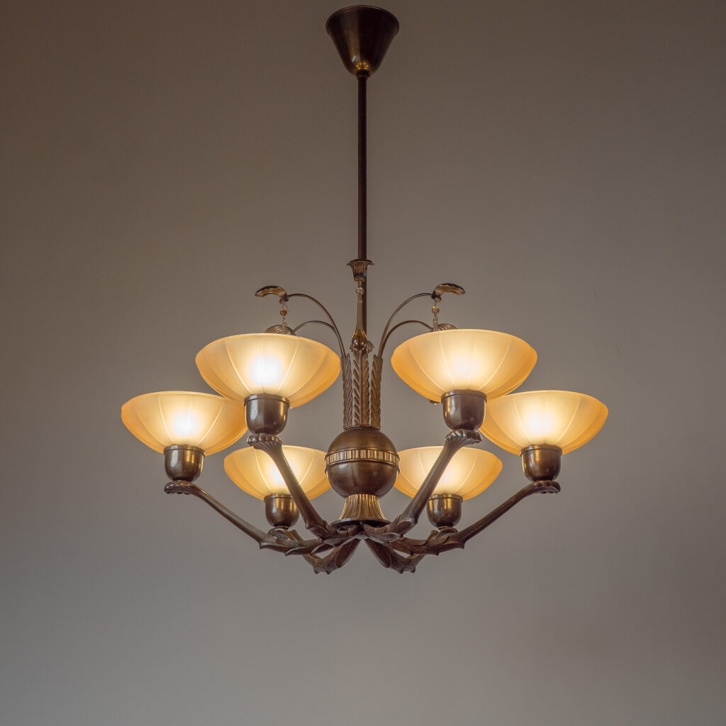Harald Notini Brass And Glass Chandelier, Böhlmarks 1936